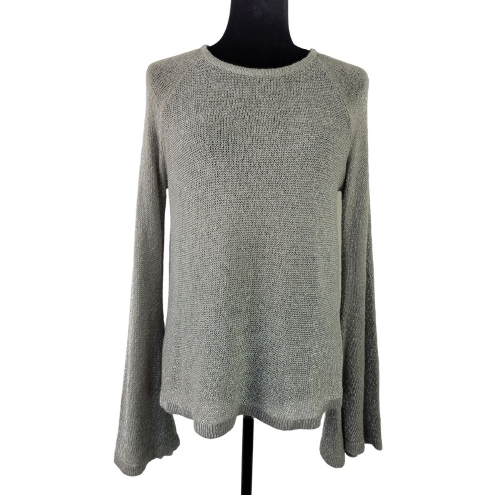 ✅ Romeo + Juliet Woman’s Tan Long Bell Sleeve Key Hole Back Knit Sweater size L